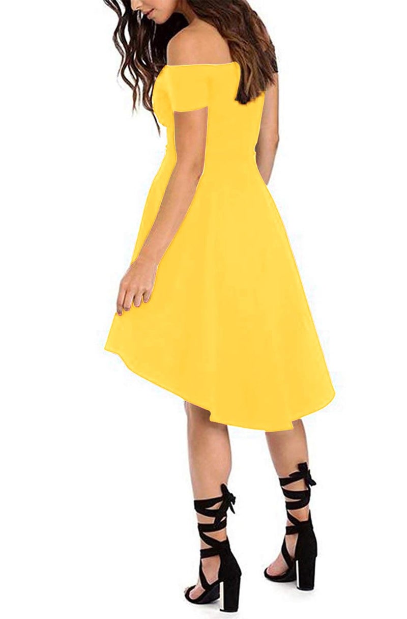 Sarin Mathews Women Off The Shoulder Short Sleeve High Low Cocktail Skater Dress Yellow L - Image 2